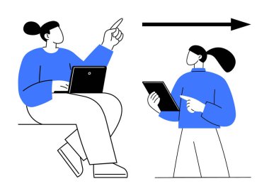 Bir dizüstü bilgisayar ve tabletle işbirliği yapan iki kişi fikir alışverişinde bulundu. Ok yön gösterir, hedef belirler. Eğitim, takım çalışması, iletişim, teknoloji, üretkenlik planlaması için ideal