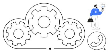 Otomasyonu sembolize eden vitesli bulut yapısı, yenilik için ampul tutan bir adam ve bir telefon sohbet balonu. Teknoloji, yaratıcılık, takım çalışması, problem çözme, destek, bulut hizmetleri için ideal