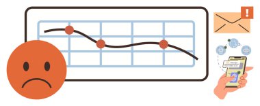 Kırmızı işaretli aşağı doğru grafikler, üzgün yüz simgesi, uyarı zarfı ve mobil ödeme sorunları. Finans için ideal, azalan eğilimler, kullanıcı hüsranı, kötü haber kaybı uyarı sinyali. Basit düz