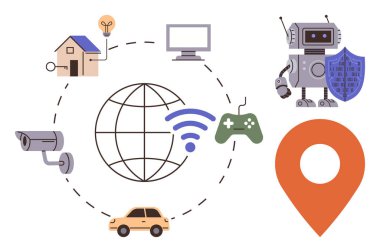 Akıllı cihazlı ev, robot, güvenlik kamerası, araba, bilgisayar, oyun sahası, kablosuz. İOT için ideal, otomasyon akıllı teknoloji yenilik güvenlik bağlantısı iletişimi