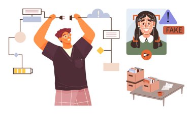 Kabloları dijital akış şemasından ayıran adam, ekrandaki sahte içerik uyarısı, masadaki organize dosyalar. Yanlış bilgilendirme, veri sıralama, teknoloji sistemleri, dijital hijyen, iletişim için ideal