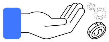 Avuç içi dışa doğru genişlemiş, yanında bir dolar işareti olan bozuk para ve hareket halindeki vitesler. Finans, yenilik, takım çalışması, destek, strateji, işbirliği teknolojisi için ideal basit iniş sayfası