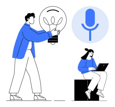 Fikirleri sembolize eden büyük ampuller taşıyan bir kadın, dizüstü bilgisayar kullanan bir kadın, mikrofon ikonu. Yaratıcılık, takım çalışması, yenilik, teknoloji, problem çözme, iletişim dijital işbirliği için ideal