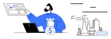 Yanında fabrika ve sanayi yapıları olan bir adam para çantası tutuyor, bir dizüstü bilgisayardaki haritaları analiz ediyor. Finans, yatırım, ekonomi, sanayi, çevre ve karar verme için ideal