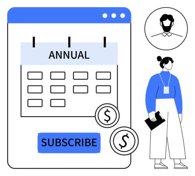 Takvim, üyelik düğmesi ve dolar simgelerinden oluşan yıllık abonelik arayüzü. Bir iş kadını elinde bir dosya tutuyor. Finans, e-ticaret, abonelik, üyelikler ve bütçe için ideal