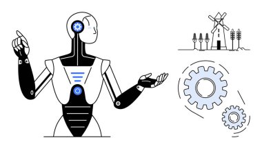 Sürdürülebilir enerji, teknoloji ve yenilikleri sembolize eden rüzgar türbinleri, ekinler ve viteslerle ilerici robot hareketi. Yapay zeka, yenilenebilir enerji, otomasyon sürdürülebilirliği için ideal