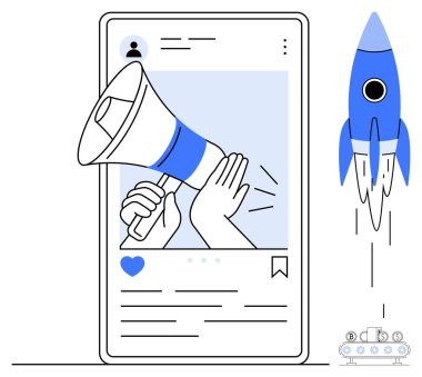 Akıllı telefon ekranındaki megafon reklam, sosyal medya pazarlaması ve seyirci katılımını temsil ederken, bir roket büyüme, başlangıç fikirleri ve başarıyı simgeler. Terfi için ideal