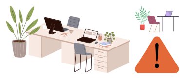 Dizüstü bilgisayarlı, sandalyeli, belgeli ve alarm işaretli bir masa. İş güvenliği, organizasyon, verimlilik, uzaktan çalışma ergonomik takım çalışması ve dikkat için idealdir. Basit düz