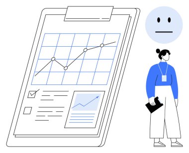 Eğilim çizelgesi ve kontrol listesinin yer aldığı büyük bir pano, rapor tutan profesyonel kadın ve geri bildirim değerlendirmesini gösteren nötr ifade grafiği. Raporlama, analitik ve veri eğilimleri için ideal