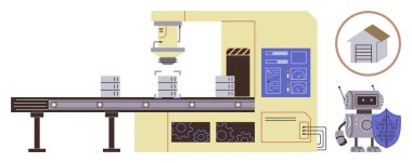 Akıllı fabrikada robotik kolun altına konveyör bandı naklediliyor. Robot kalkan ile güvenliği simgeliyor. Depo çizimi. Otomasyon, endüstri, teknoloji ve üretim için ideal