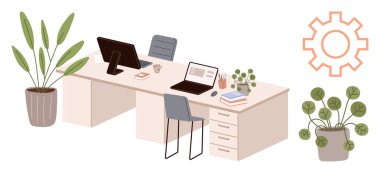 Bilgisayarlar, sandalyeler, istiflenmiş kitaplar, kahve fincanları, kapalı mekandaki bitkiler ve çark grafiklerinin yer aldığı çift kişilik çalışma istasyonu kurulumu. Üretkenlik, takım çalışması, organizasyon teknolojisi iş-yaşam dengesi için ideal