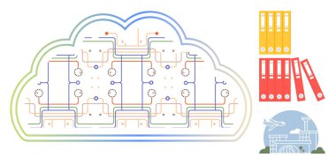 Birbirine bağlı düğümleri, sunucu devreleri, organize dosya klasörleri ve havaalanı binası olan bulutlar. Teknoloji, veri yönetimi, dijital depolama, bağlantı ve küresel işletme için ideal