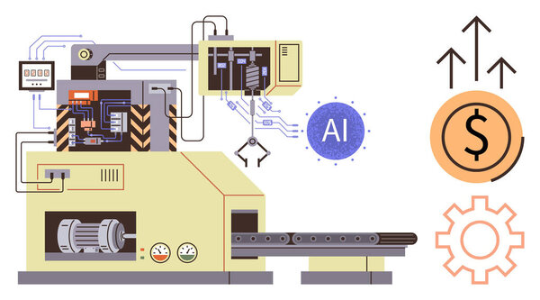 Automated industrial machine integrating artificial intelligence for enhanced workflows. Features include gear graphics, digital connectivity, and financial growth icons. Ideal for industry 4.0