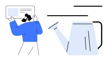 Sulama kutusunun yanında resmi ve metni olan bir belgeyi tutan kişi. Eğitim, büyüme, yetiştirme, yenilik, takım çalışması, yaratıcılık ve öğrenme için idealdir. Düz basit metafor