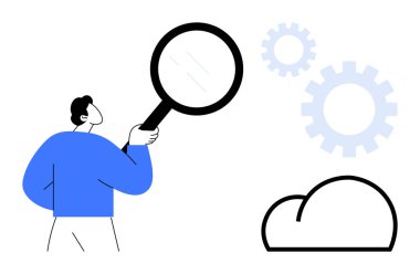 Büyüteç tutan adam bulutu inceler ve vitesler analizi, bulut bazlı çözümleri ve gelişmeyi sembolize eder. Yenilik, teknoloji, araştırma, strateji, sorun çözme için ideal