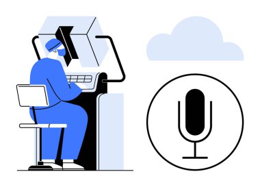 Bir masaüstü ve mikrofon ikonu ile çevrili, modern ses tanıma yazılımına sahip klavyede çalışan bir birey. Teknoloji, yenilik, sesli-metin uygulamaları, üretkenlik araçları, uzaktan kumanda için ideal