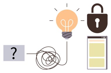 Soru işaretinden lambaya karışık çizgi problem çözmeyi ve yeniliği sembolize ediyor, güvenlik kilidi ve akıllı telefon arayüzüne bitişik. Yaratıcılık ve problem çözme için ideal