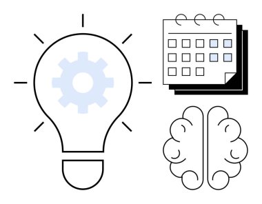 Dişlilerle dolu ampul, takvim ve beyin hatları yaratıcılığı, planlamayı, yeniliği, zihinsel işlemeyi, üretkenliği sembolize eder. Beyin fırtınası için ideal, hedef belirleme problem çözme ekibi