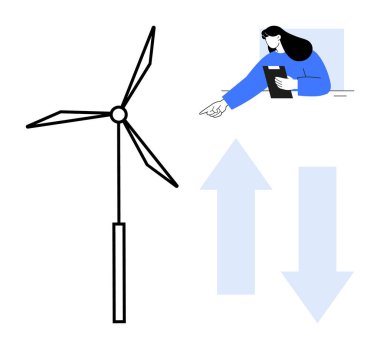 Bir kadın elinde bir pano, rüzgar türbini tutarken yukarı ve aşağı enerji transferini sembolize eden yenilenebilir enerji sergiliyor. Enerji, sürdürülebilirlik, araştırma ve yeşil güç için ideal