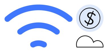 Kablosuz dalgalar, bulut ve dolar birlikte veri erişimini, bulut depolama ve finansal işlemleri sembolize eder. Teknoloji, finans, bağlantı, çevrimiçi iş dünyası İnternet kullanımı için ideal