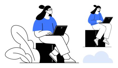 Soyut bitkiler ve bulutlarla çevrili bir blokta dizüstü bilgisayarlı bir kadın oturuyor. Temalar için ideal olan uzak çalışma, odaklanma, verimlilik, çevrimiçi öğrenme, teknoloji, yaratıcılık, kendini geliştirme. Temiz