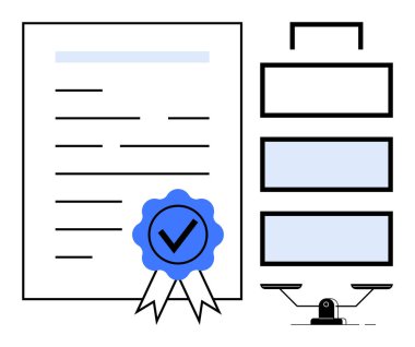 Mavi rozetli sertifikalı belge, kontrol listesi sütunları ve dengeli ölçü. Kalite güvencesi, uyum, sertifika, yasal anlaşmalar, değerlendirme, görev yönetimi için ideal basit düz metafor
