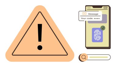Ünlem işaretli uyarı üçgeni, parmak izi taraması yapan akıllı telefon ve şifre mesajı. Siber güvenlik, veri koruması, çevrimiçi güvenlik, çoklu faktör kimlik denetimi ve uyarı için ideal