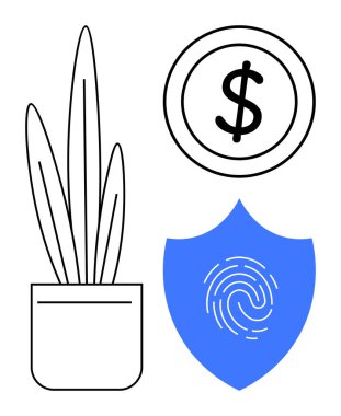Dolar işaretli sikke, parmak izli mavi kalkan, minimalist saksı bitkisi. Finans, güvenlik, kimlik koruma, sürdürülebilirlik, büyüme güven dengesi için idealdir. Basit düz metafor