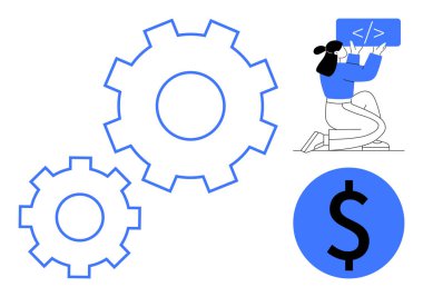 Programcı mavi dişliler ve para ikonu arasında kod yazma, verimlilik, otomasyon, kodlama, takım çalışması, üretkenlik, teknoloji ve basit bir iniş sayfası için çekici kavramsal tasarım