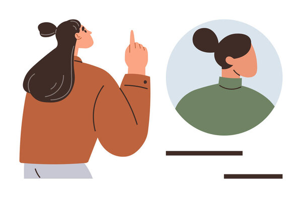 Женщина в повседневной одежде указывает вверх, а рядом с ней круглая деталь портрета. Идеально подходит для создания профиля, идентификации, общения, взаимодействия, инструктажа, пользовательского интерфейса и командной работы