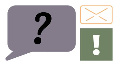 Konuşma balonunda soru işareti, e-posta için zarf, ünlem işaretli yeşil kutu. İdeal ileti, iletişim, problem çözme, bildirim, bilgi paylaşımı, sorgulama dijital uyarı