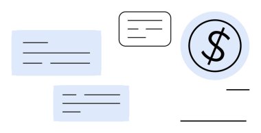Finansal mesajlaşma, işlemler ve bütçe konularını vurgulayan çeşitli metin kutularının yanında dolar işareti simgesi. Finans, bankacılık, ödeme sistemleri, muhasebe, iş stratejisi, para için ideal