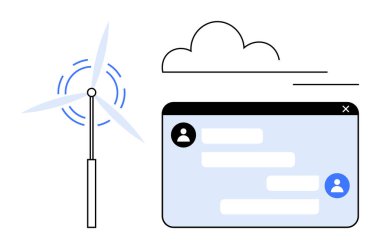 Rüzgar türbini, bulut ve sohbet pencereleri yenilenebilir enerji, teknoloji, bulut hesaplaması ve dijital iletişimi sembolize ediyor. Sürdürülebilirlik, enerji ve yenilik teknolojisi için ideal ekoloji