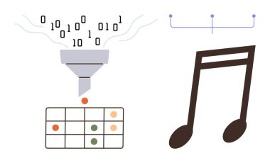 Bir huniden veri şebekesine akan ikili kod müzik notalarına dönüşüyor. Yapay zeka, makine öğrenimi, veri görselleştirme, hesaplama, müzik oluşturma, teknoloji, basit düz metafor