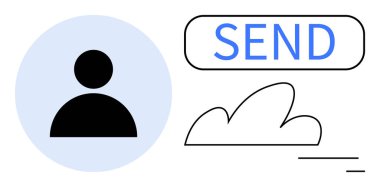 Kullanıcı profili grafiği, bulut çizgisi ve gönderme düğmesi bağlantıyı, dosya paylaşımını ve veri transferini sembolize eder. İletişim, bulut depolama, e- posta, kullanıcı arayüzü takım çalışması için ideal ileti basit