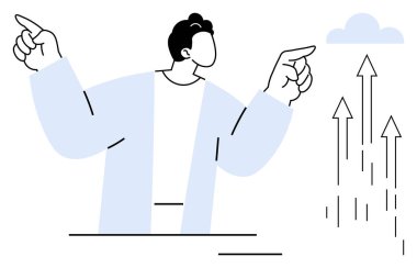 Adam iki eliyle yukarı bakan okları işaret ederek ilerlemeyi, hırsı, yeniliği ve başarıyı sembolize ediyor. İş büyümesi, motivasyon, strateji, kariyer, liderlik eğitimi için ideal basit