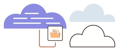 Üç bulut grafiği, biri dosya paylaşımını ve veri erişimini sembolize eden birbirine bağlı dosya dizinine sahip. Teknoloji, bulut hesaplama, dijital depolama, veri yönetimi, yazılım çözümleri, dosya için ideal