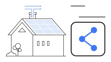 Çatı güneş panelleri olan bir ev, hava yayan borular, yakınlardaki ağaçlar ve dijital bağlantı ikonu. Yenilenebilir enerji, akıllı ev, sürdürülebilirlik, yenilik, dijital bağlantı için ideal