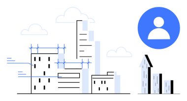 İnşaat halindeki gökdelenler, kullanıcı profili simgesi, basit şehir silüeti. Kentsel planlama, mimarlık, gayrimenkul, proje yönetimi, altyapı, eğitim için ideal basit iniş sayfası