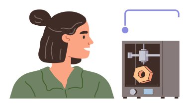 3D yazıcıya bakan bir kadın altıgen bir nesne yaratıyor. Yaratıcılık, teknoloji, yenilik, tasarım, mühendislik, eğitim ve ilerleme için idealdir. Basit düz metafor