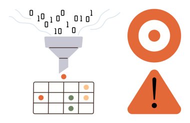 İkili veri bir huniye akar ve analiz için bir tablo oluşturur. Uyarı üçgeni ve hedef sembol içerir. Veri sıralama, analiz, karar verme, yapay zeka, teknoloji ve problem çözme için ideal