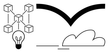 Ampul ve ağ yenilik ve bağlantı gösteriyor, kuş özgürlüğü simgeliyor, bulut basitliği ve teknolojiyi temsil ediyor. Yaratıcılık, teknoloji, özgürlük, yenilik, gelecek ve ağ için ideal