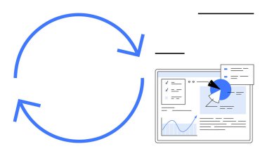 Grafik arayüzü, pasta grafiği, veri içgörüleri, bisiklet hareketi için mavi oklar, süregelen ilerleme ve verimliliği temsil ediyor. Analiz, iş akışı, raporlar, stratejik yenilik büyümesi için ideal basit