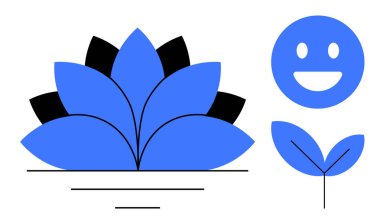 Katmanlı yaprakları olan mavi nilüfer çiçeği, gülümseyen yüz ve büyümeyi ve pozitifliği destekleyen minimalist yaprak ikonu. Sağlık, meditasyon, çevreci-dostluk, kendine-özen, pozitiflik için ideal.