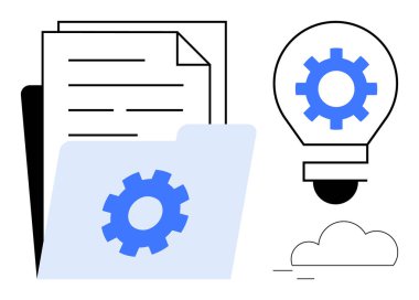 İçinde yaratıcılığı ve iş akışını temsil eden ekipman bulunan ampulün yanındaki klasörde dosyalar. Üretkenlik, yenilik, kalkınma, yönetim, teknoloji, veri paylaşımı için ideal, basit daire