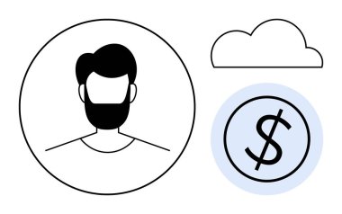 Profil çemberinde erkek avatar yukarıda bulut şeklinde ve mavi daire içinde dolar işareti. Finans, çevrimiçi iş, profil, bulut hesaplama, teknoloji ekonomisi tasarrufu için ideal. Basit düz
