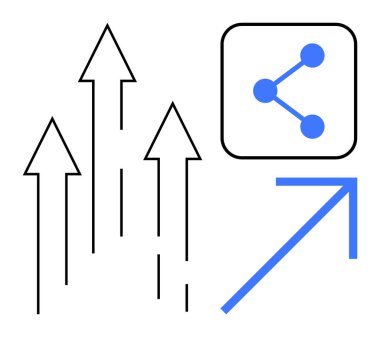 Birden fazla yukarı doğru ok ve basitleştirilmiş paylaşım simgesi bir ağ oluşturma, işbirliği, büyüme, teknoloji, veri paylaşımı, yenilik ve takım çalışması kavramı oluşturur. İş için ideal, eğitim için ya da basit