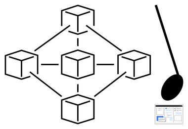 Birbirine bağlı bloklardan oluşan bir ağ, güvenlik için anahtar bir simgeye sahip bir engelleme zinciri veri yapısını temsil ediyor. Teknoloji, siber güvenlik, ademi merkeziyet ağları, dijital ekonomi, yenilik, veri