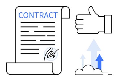İmzalı sözleşme belgesi, onay için baş parmak işareti ve büyümeyi simgeleyen yukarı doğru oklar. İş anlaşması için ideal, müzakere, başarı, güven, profesyonel anlaşma, tatmin