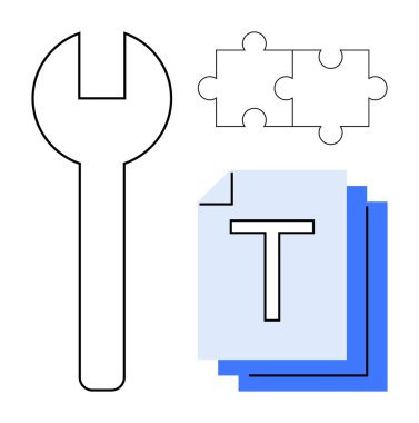 Anahtar, iki yapboz parçası ve araçları, işbirliği ve organizasyonu temsil eden metin belgesi. Mekanik, takım çalışması, bütünleşme, problem çözme planlama yaratıcılığı ve basit iniş için ideal